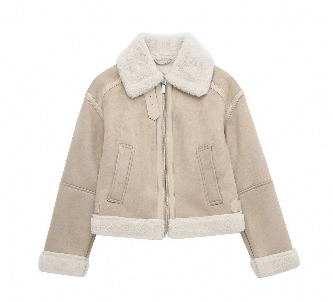 Helle Lederjacke mit Flauschkragen-Ärmel