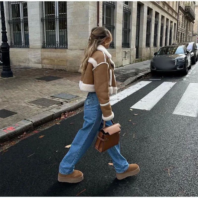 Trendy Cropped Lederjacke mit Flausch