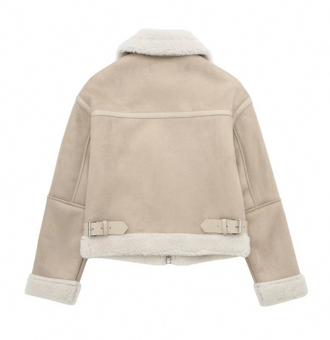Helle Lederjacke mit Flauschkragen-Ärmel