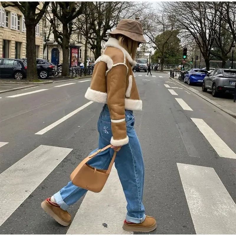 Trendy Cropped Lederjacke mit Flausch
