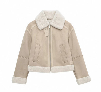 Helle Lederjacke mit Flauschkragen-Ärmel