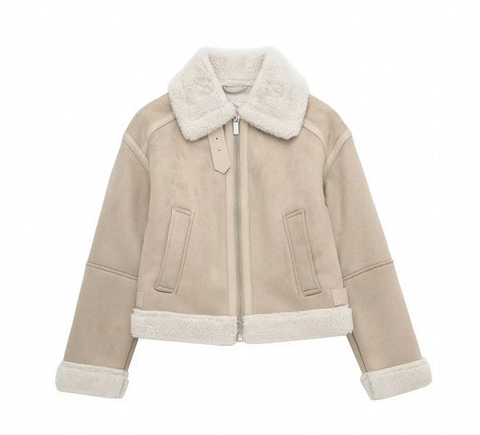 Helle Lederjacke mit Flauschkragen-Ärmel