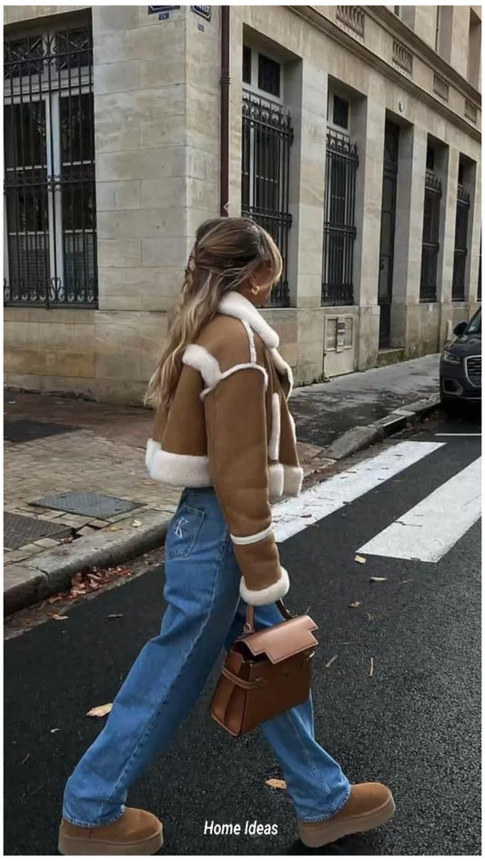 Trendy Cropped Lederjacke mit Flausch