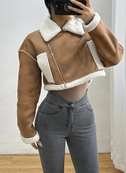 Trendy Cropped Lederjacke mit Flausch